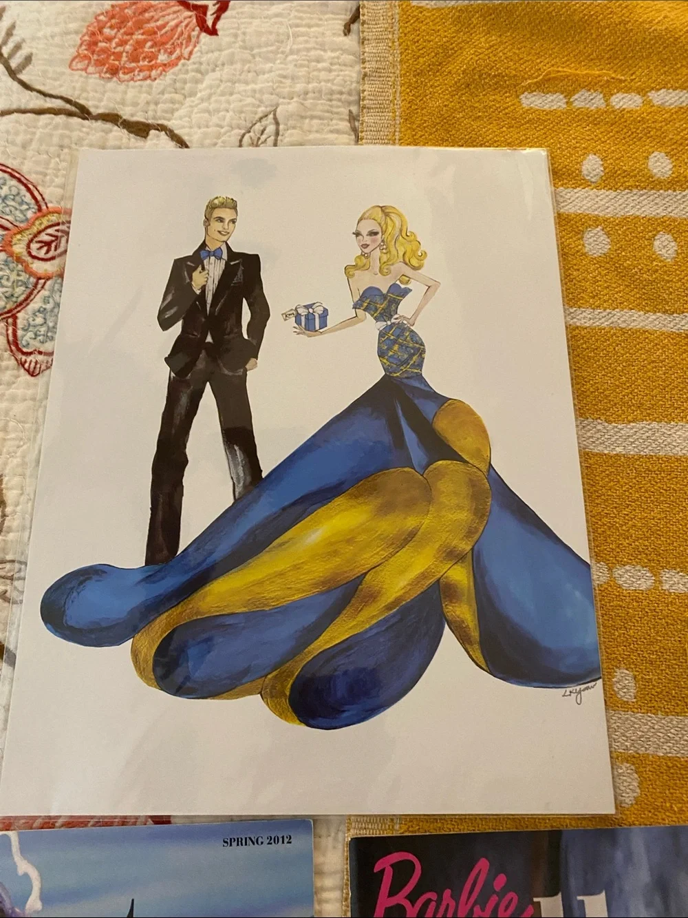Barbie and Ken Blue and Gold Fashion Illustration Print and catalogs